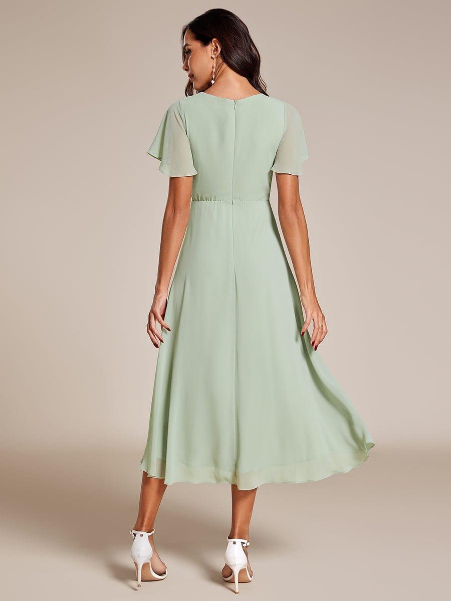 Elegant Ruffle Sleeve Pleated V-Neck Midi Chiffon Wedding Guest Dress