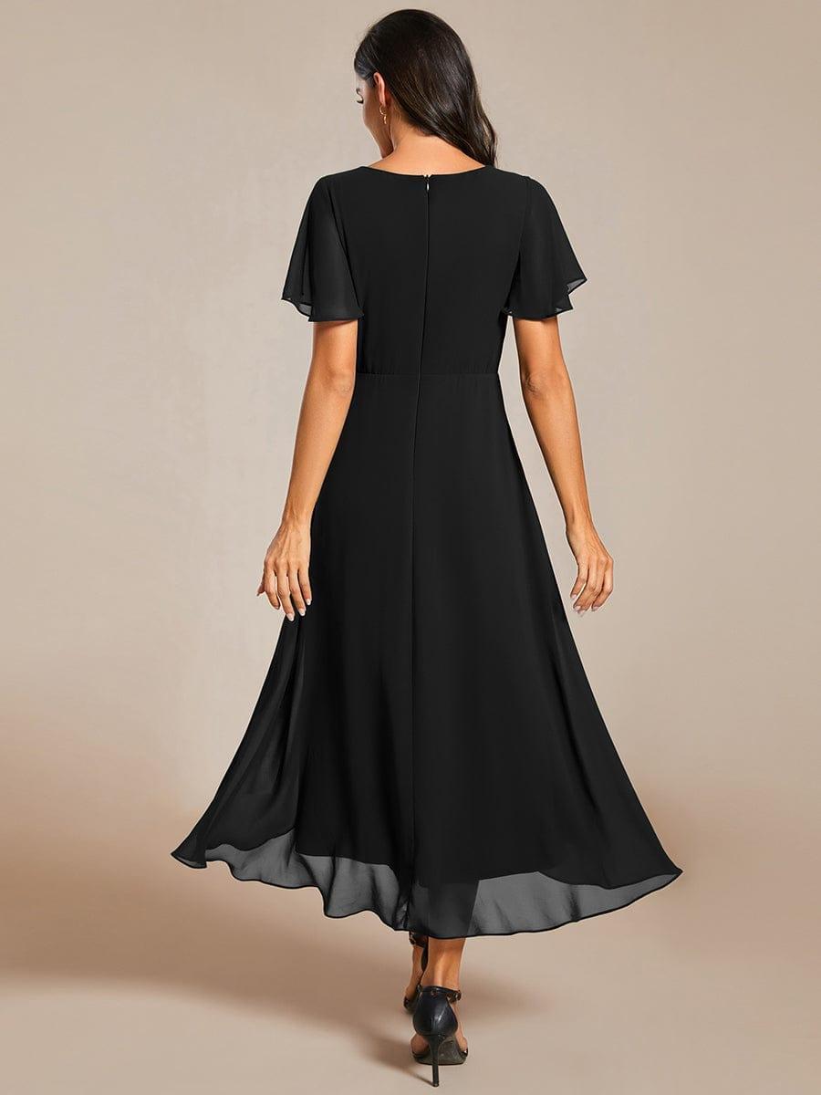 Elegant Ruffle Sleeve Pleated V-Neck Midi Chiffon Wedding Guest Dress