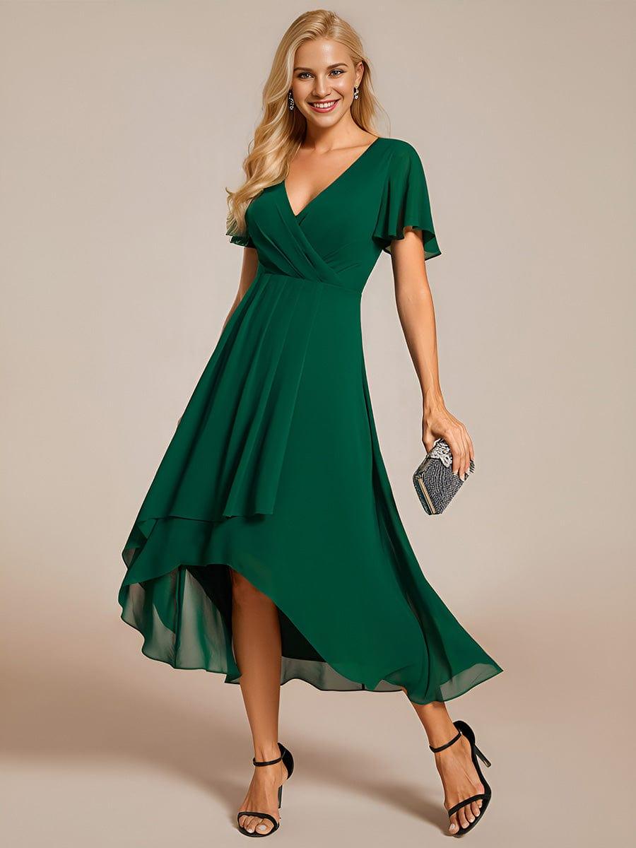 Elegant Ruffle Sleeve Pleated V-Neck Midi Chiffon Wedding Guest Dress