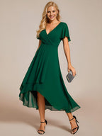 Elegant Ruffle Sleeve Pleated V-Neck Midi Chiffon Wedding Guest Dress