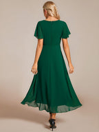Elegant Ruffle Sleeve Pleated V-Neck Midi Chiffon Wedding Guest Dress