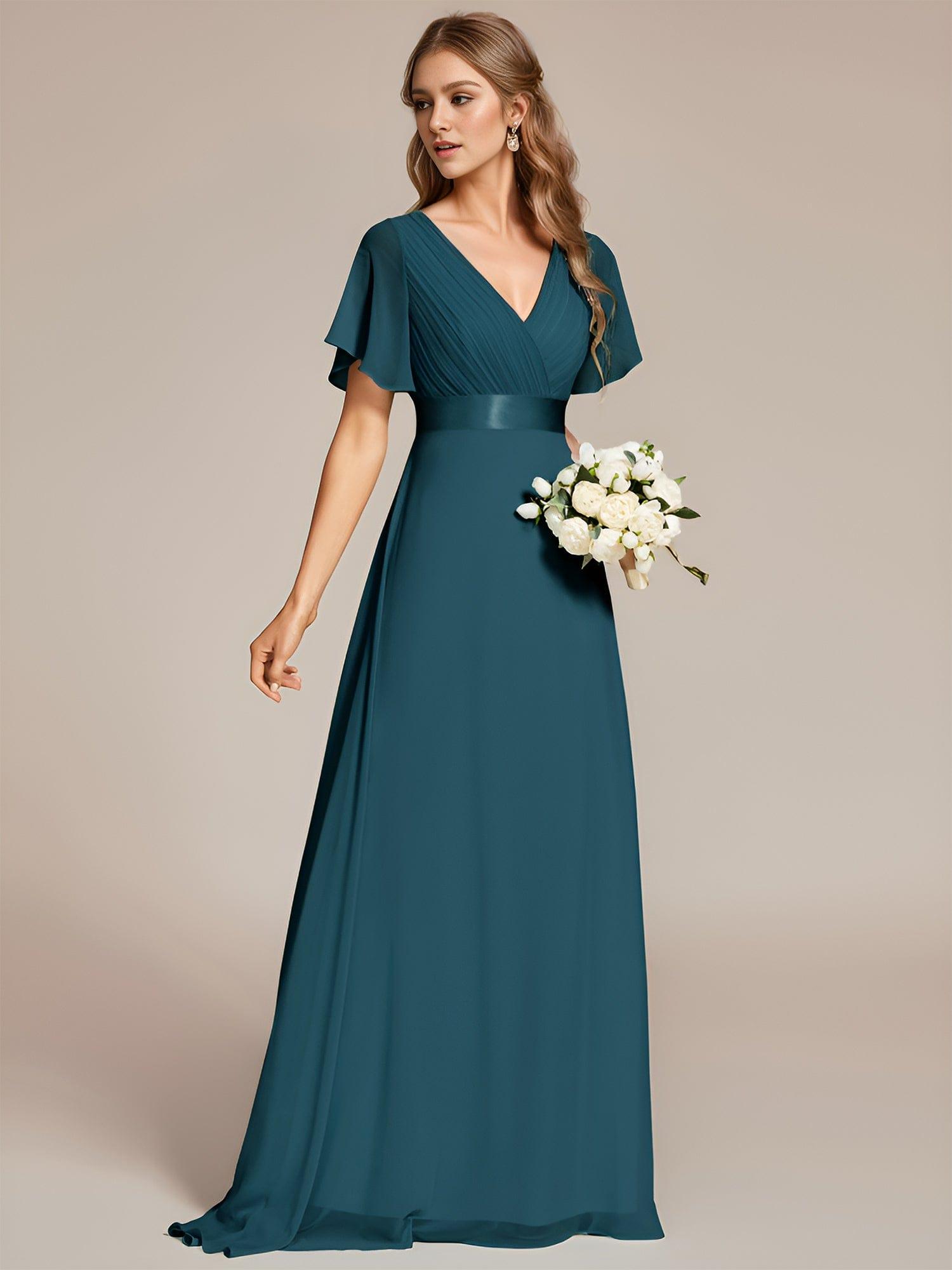 Elegant Long Chiffon Empire Waist Bridesmaid Dress with Flutter Sleeves