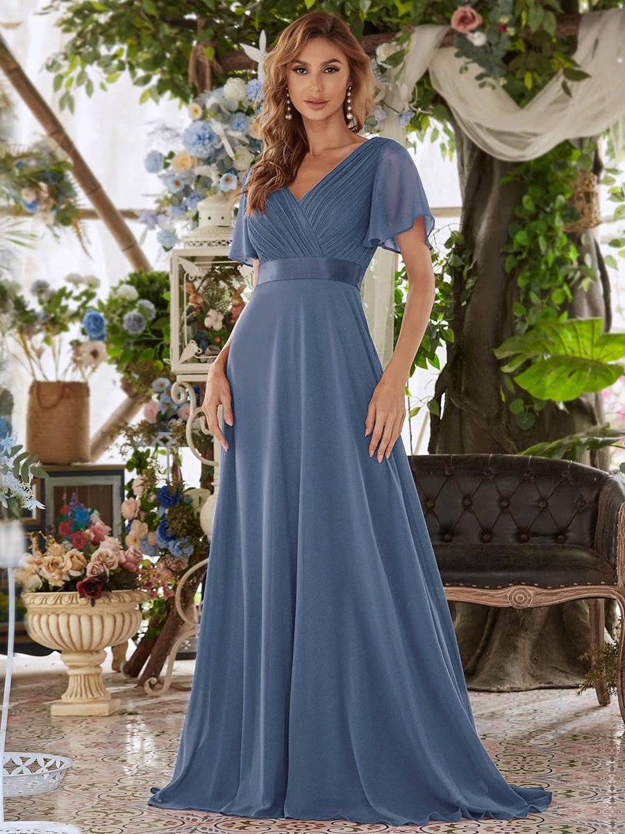 Elegant Long Chiffon Empire Waist Bridesmaid Dress with Flutter Sleeves