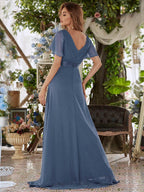 Elegant Long Chiffon Empire Waist Bridesmaid Dress with Flutter Sleeves