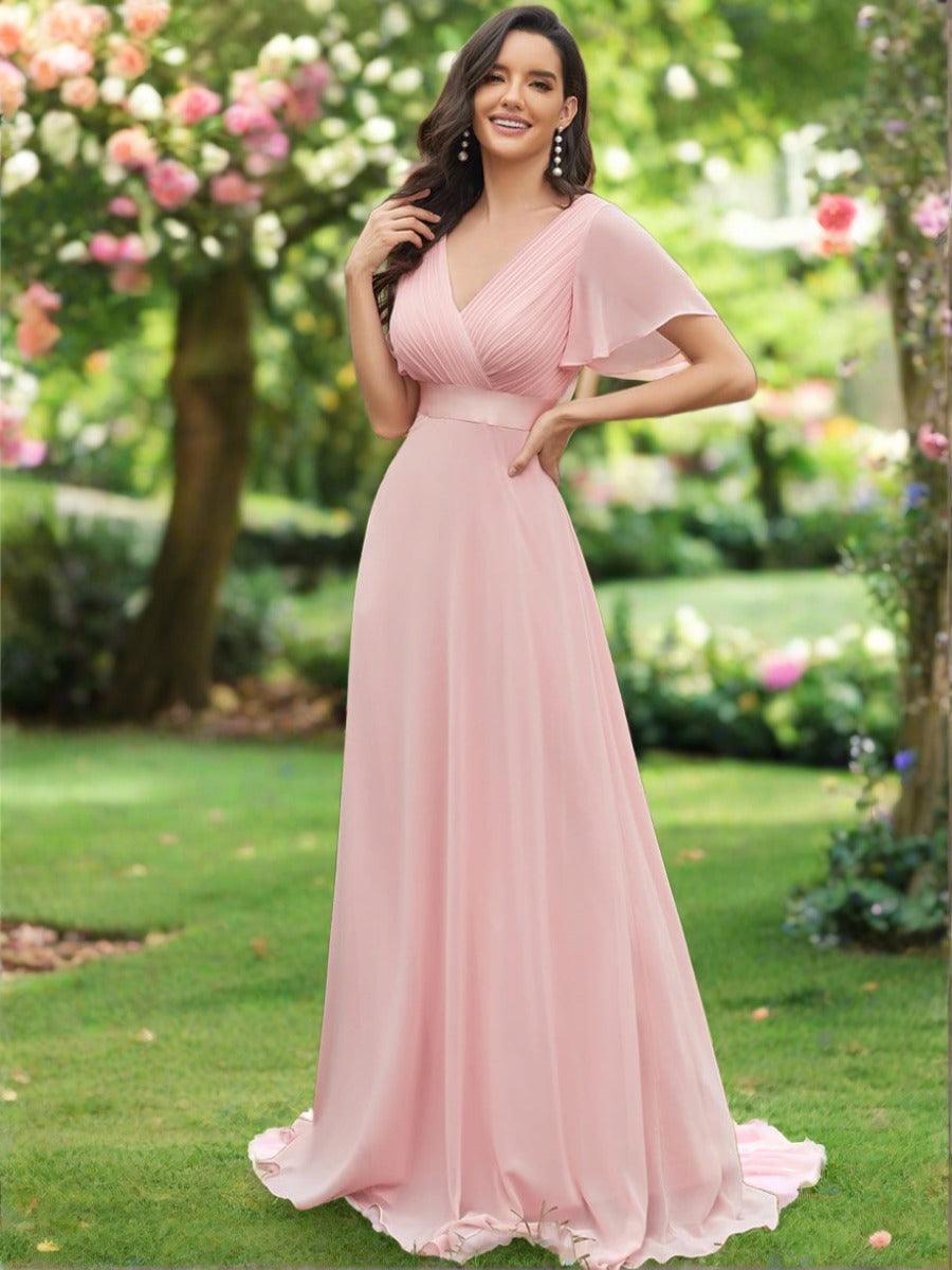 Elegant Long Chiffon Empire Waist Bridesmaid Dress with Flutter Sleeves