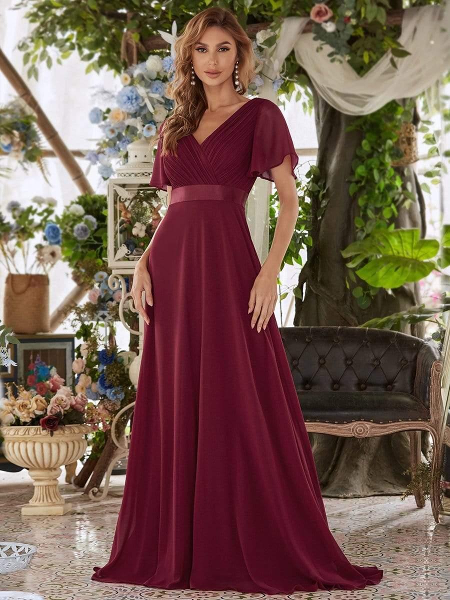 Elegant Long Chiffon Empire Waist Bridesmaid Dress with Flutter Sleeves