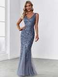 Elegant Women's Double V-Neck Fishtail Sequin Evening Dress