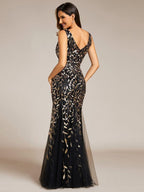 Elegant Women's Double V-Neck Fishtail Sequin Evening Dress