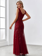 Elegant Women's Double V-Neck Fishtail Sequin Evening Dress