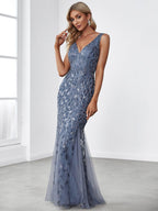 Elegant Women's Double V-Neck Fishtail Sequin Evening Dress