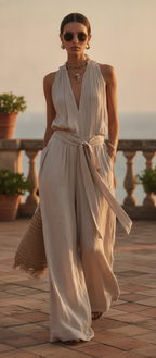 Women’s Linen Backless Lace-Up Jumpsuit – Loose Fit Summer Romper