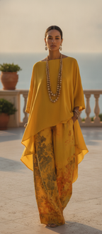 Yellow Two Piece Outfit  Women's High-Low Tunic Top & Floral Wide Leg Pants Set
