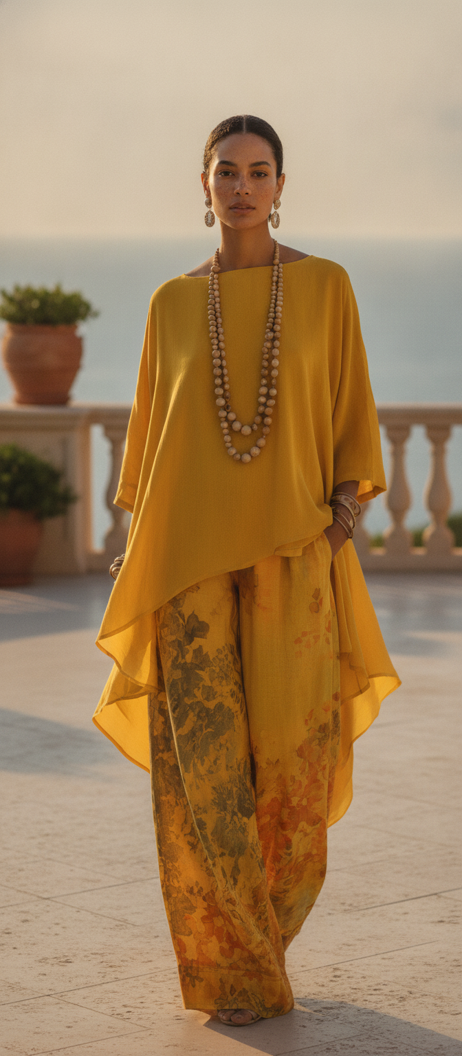 Yellow Two Piece Outfit  Women's High-Low Tunic Top & Floral Wide Leg Pants Set