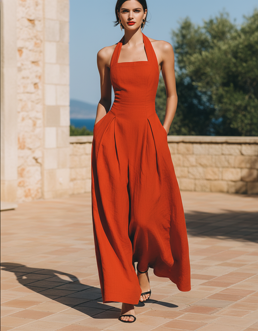 Full length red flowing maxi dress for warm weather events
