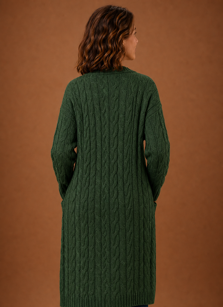 Green cable knit hooded cardigan back view