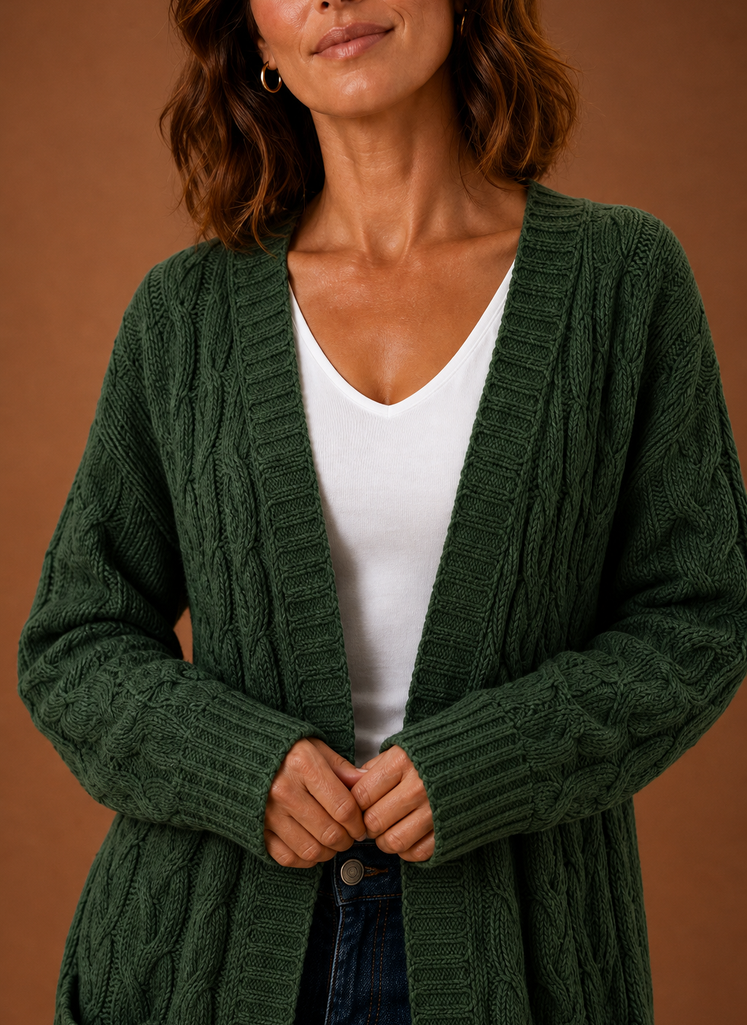 Green cable knit cardigan texture close up