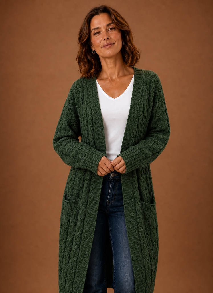 Green chunky cable knit hooded longline duster cardigan front view