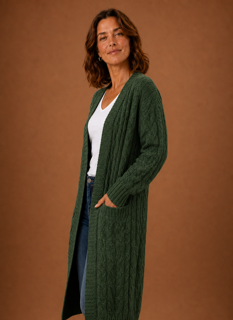 Green cable knit hooded cardigan side view