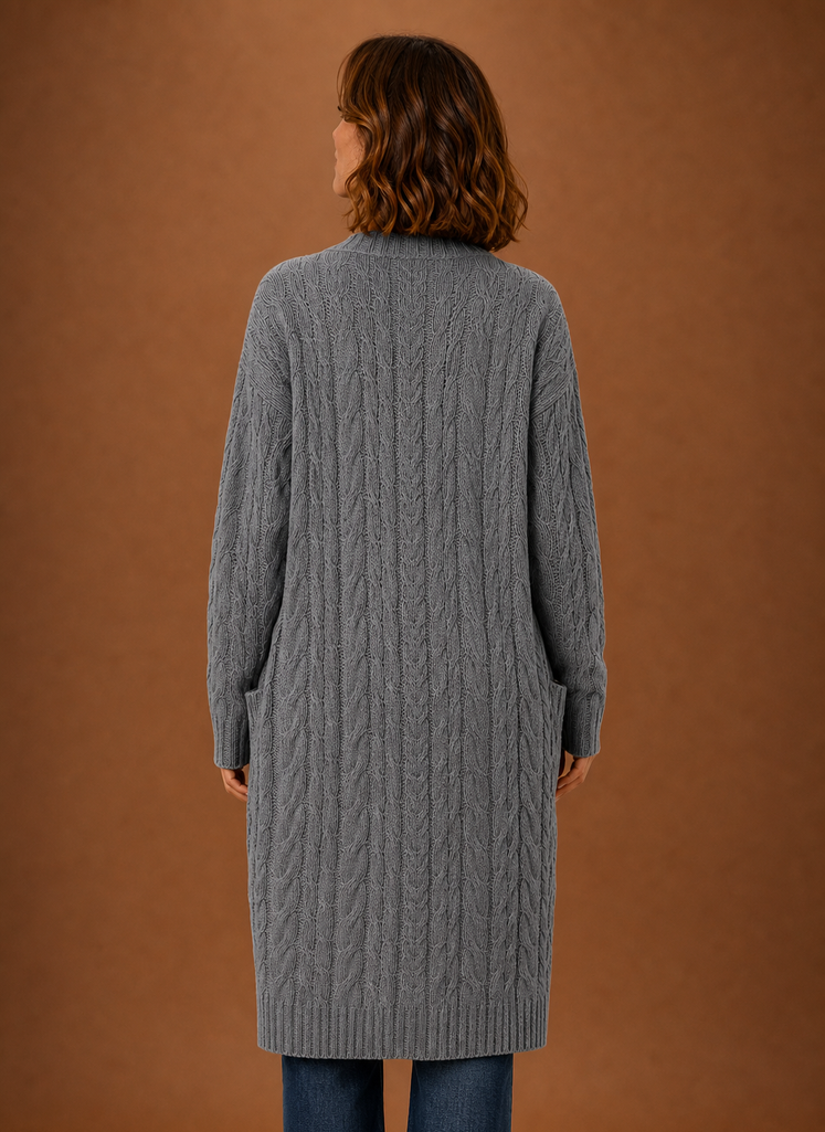 Grey cable knit hooded cardigan back view