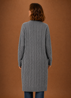 Grey cable knit hooded cardigan back view