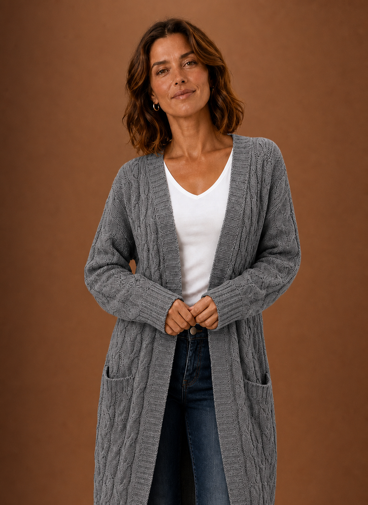 Grey chunky cable knit hooded longline duster cardigan front view