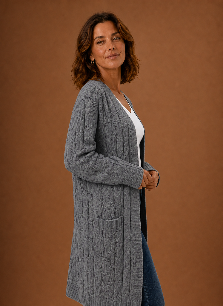 Grey cable knit hooded cardigan side view