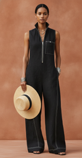 Women’s Minimalist Sleeveless Wide-Leg Jumpsuit – Contrast Trim Zipper Neck