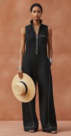 Women’s Minimalist Sleeveless Wide-Leg Jumpsuit – Contrast Trim Zipper Neck