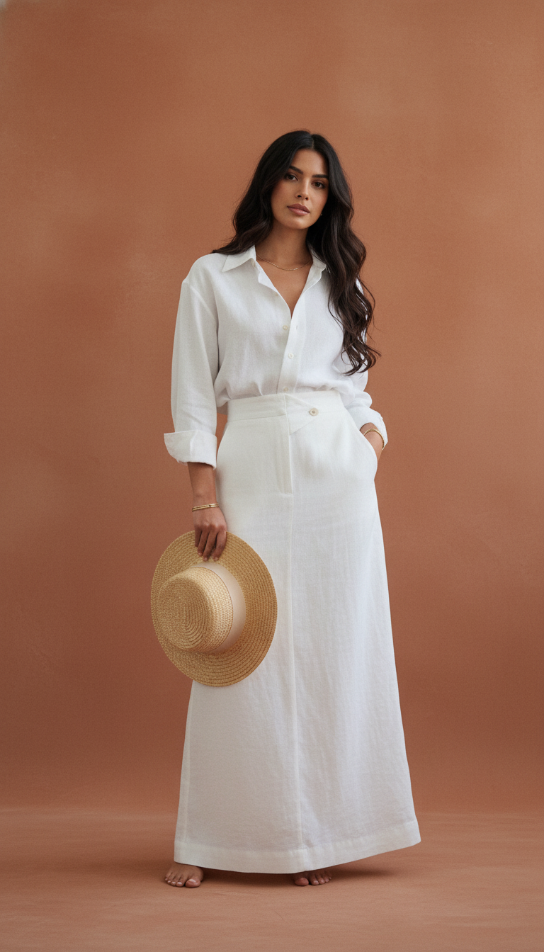 Relaxed linen shirt and skirt set for easy summer style