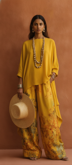 Yellow Two Piece Outfit  Women's High-Low Tunic Top & Floral Wide Leg Pants Set