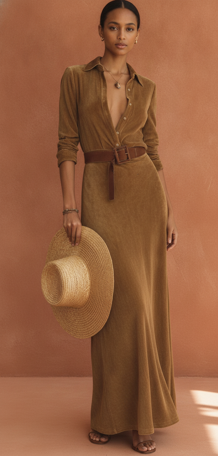 Women’s Faux Suede Lapel Belted Maxi Dress – Long Sleeve Formal