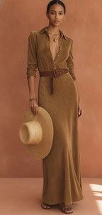 Women’s Faux Suede Lapel Belted Maxi Dress – Long Sleeve Formal