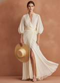 Women’s Ivory Sheer Chiffon Puff Sleeve Wrap Maxi Dress – Romantic Luxe Elegance