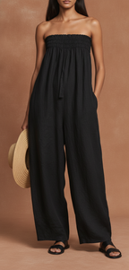 Women’s Strapless Linen Blend Jumpsuit – Minimalist Tie-Front Loose Fit Full-Length