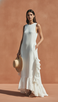 Women’s Ivory Linen Sleeveless Maxi Dress – Round Neck with Ruffle Hem
