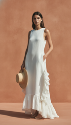 Women’s Ivory Linen Sleeveless Maxi Dress – Round Neck with Ruffle Hem