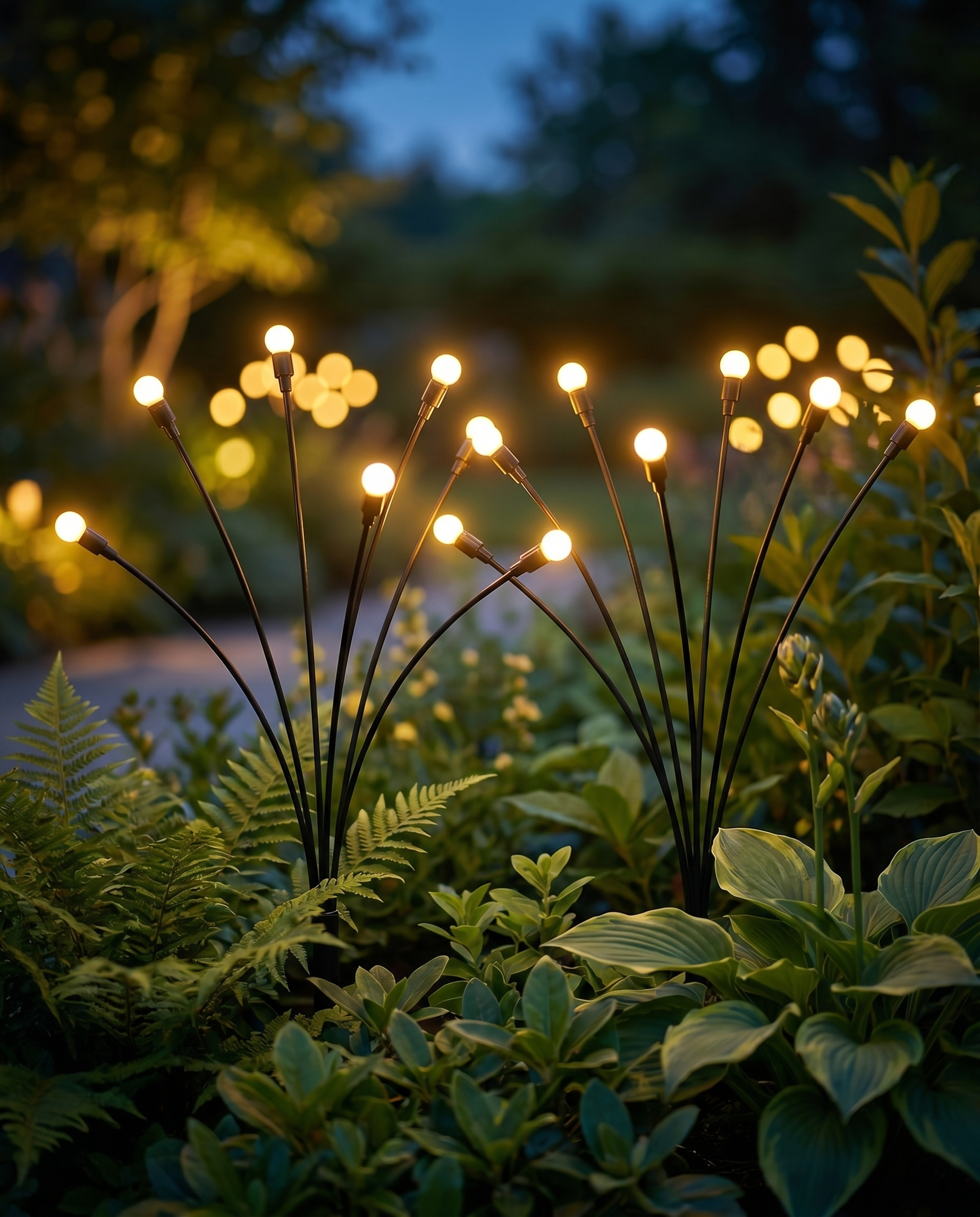 Solar firefly garden lights glowing at dusk, lifestyle