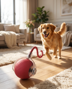 Rolling dog ball toy chased by dog, lifestyle