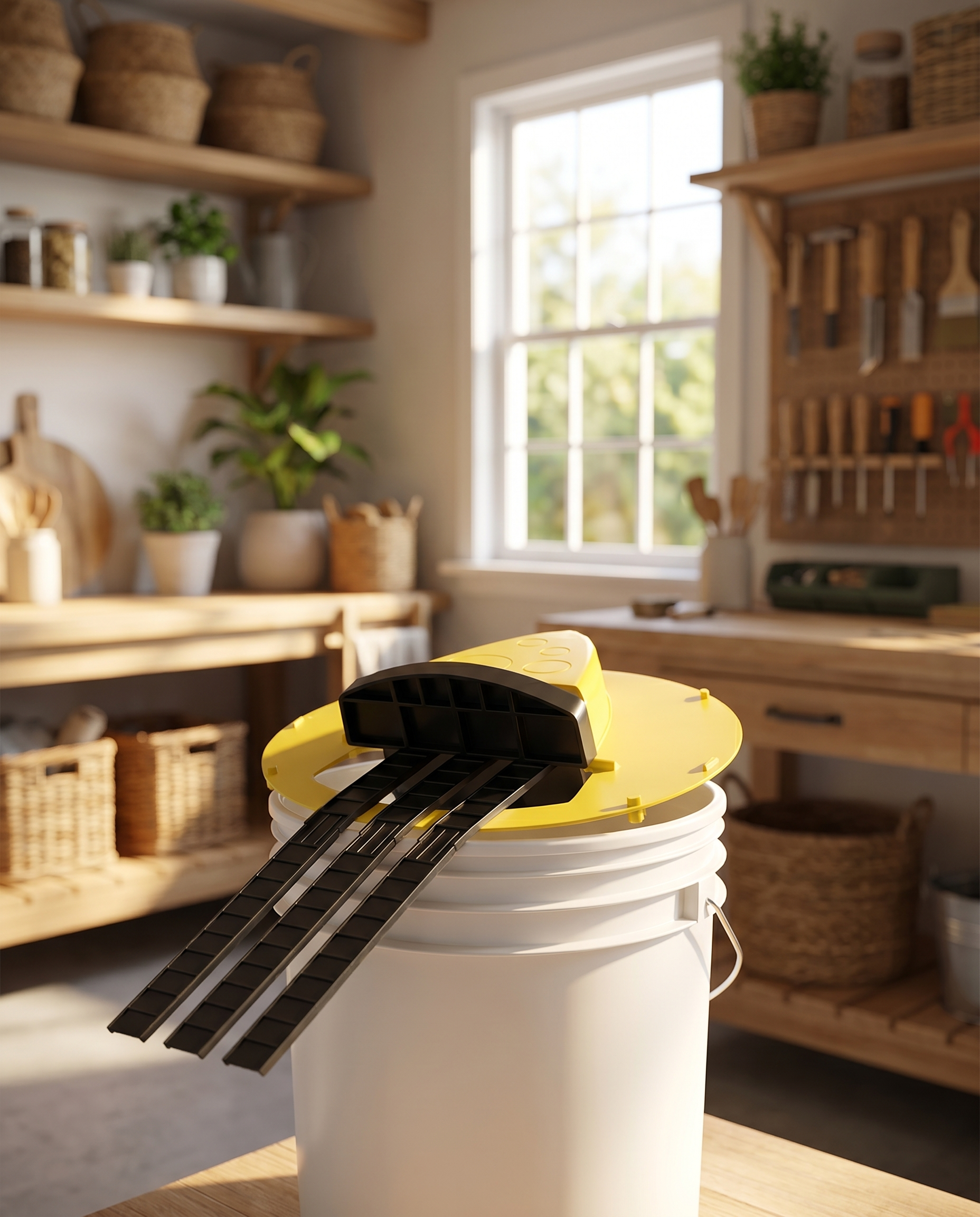 Bucket lid mouse trap on bucket, lifestyle