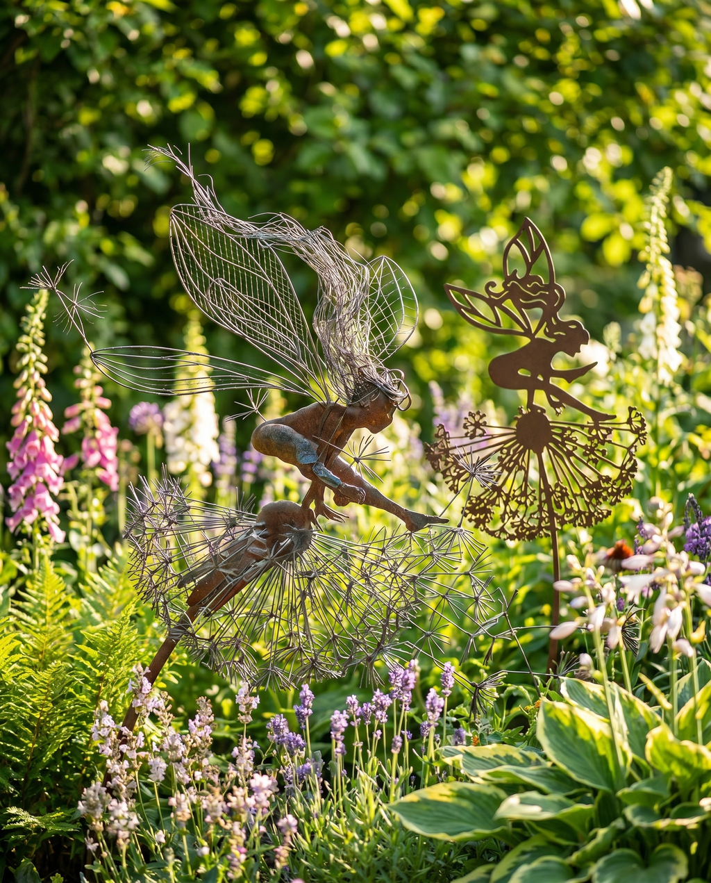 Steel fairy garden sculptures among flowers, lifestyle