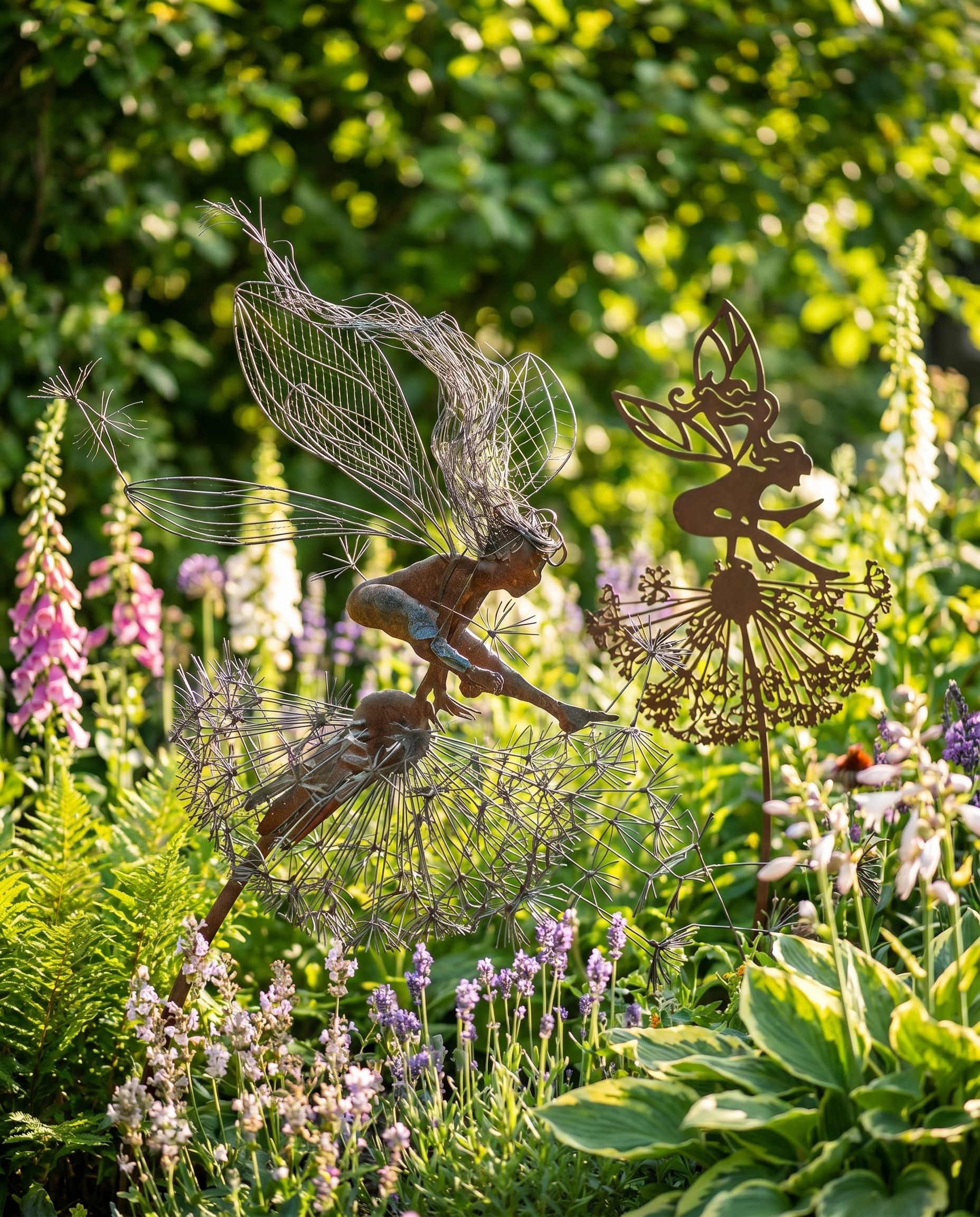Steel fairy garden sculptures among flowers, lifestyle