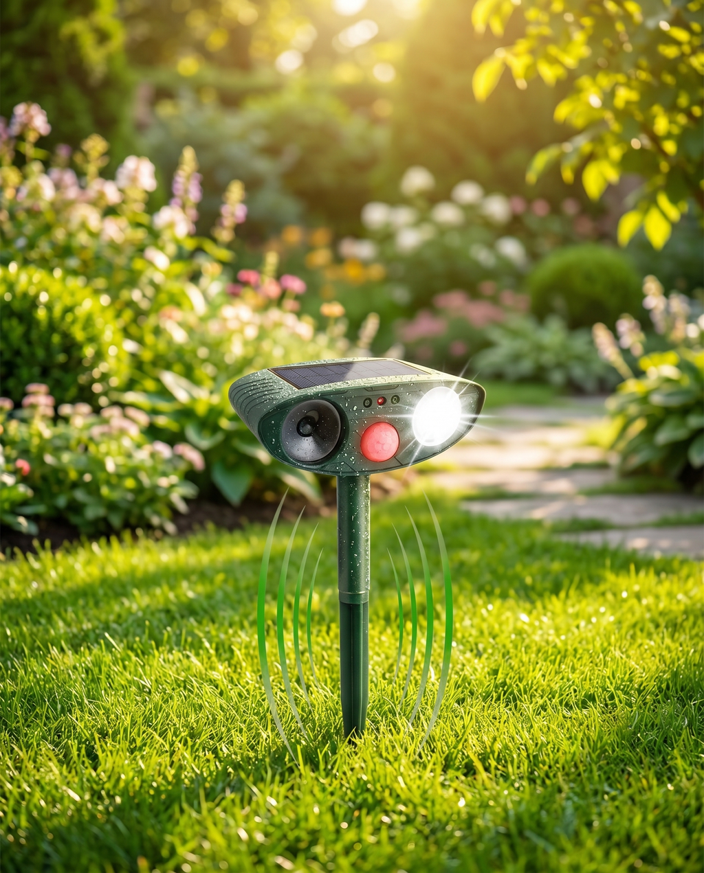 Solar ultrasonic chipmunk repeller in garden, lifestyle