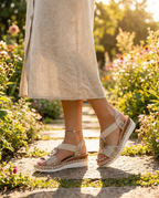 Women's breathable wedge sandals worn outdoors, lifestyle