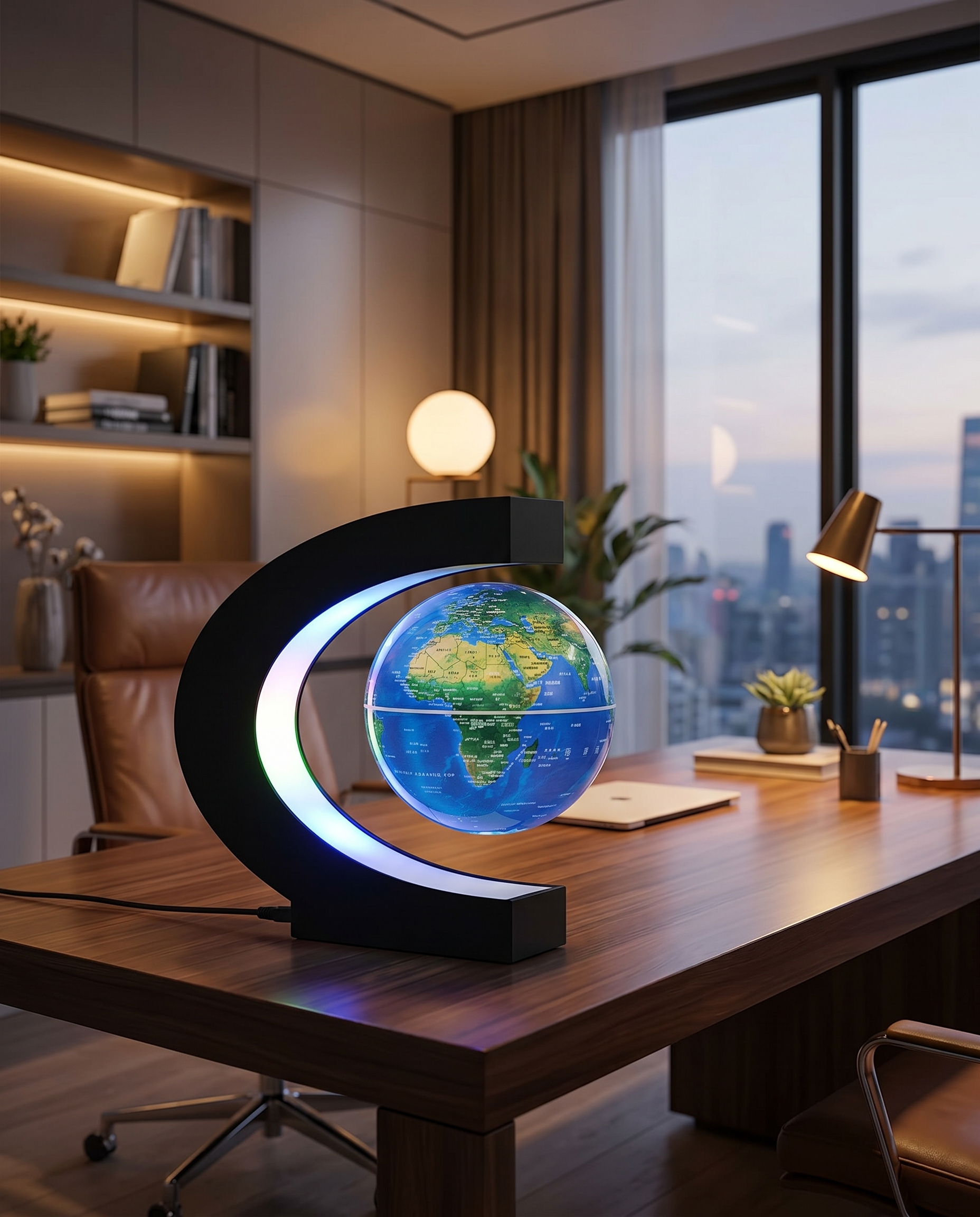 Levitating LED globe on desk, lifestyle