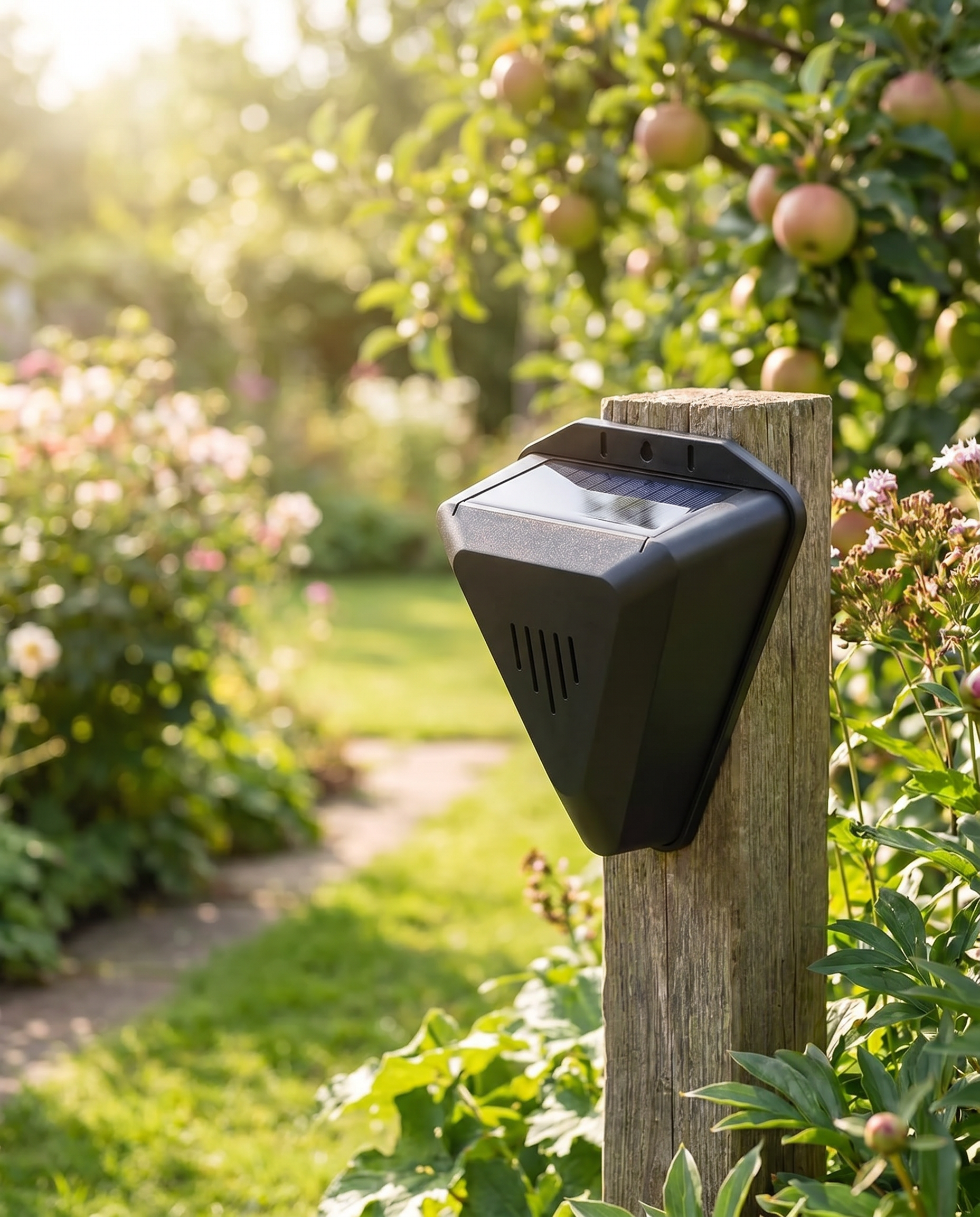 Solar bird repeller in garden, lifestyle
