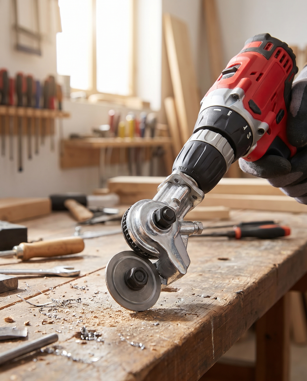 Metal cutting adapter on electric drill, lifestyle
