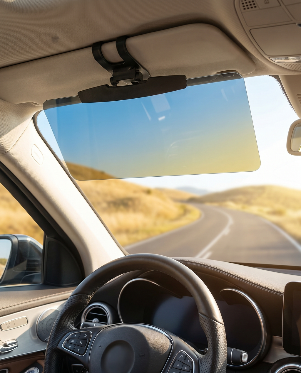 Anti-glare car sun visor extender installed, lifestyle