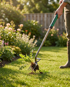 Long-handle weed puller in use, lifestyle