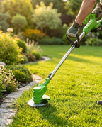 Cordless battery grass trimmer in use, lifestyle