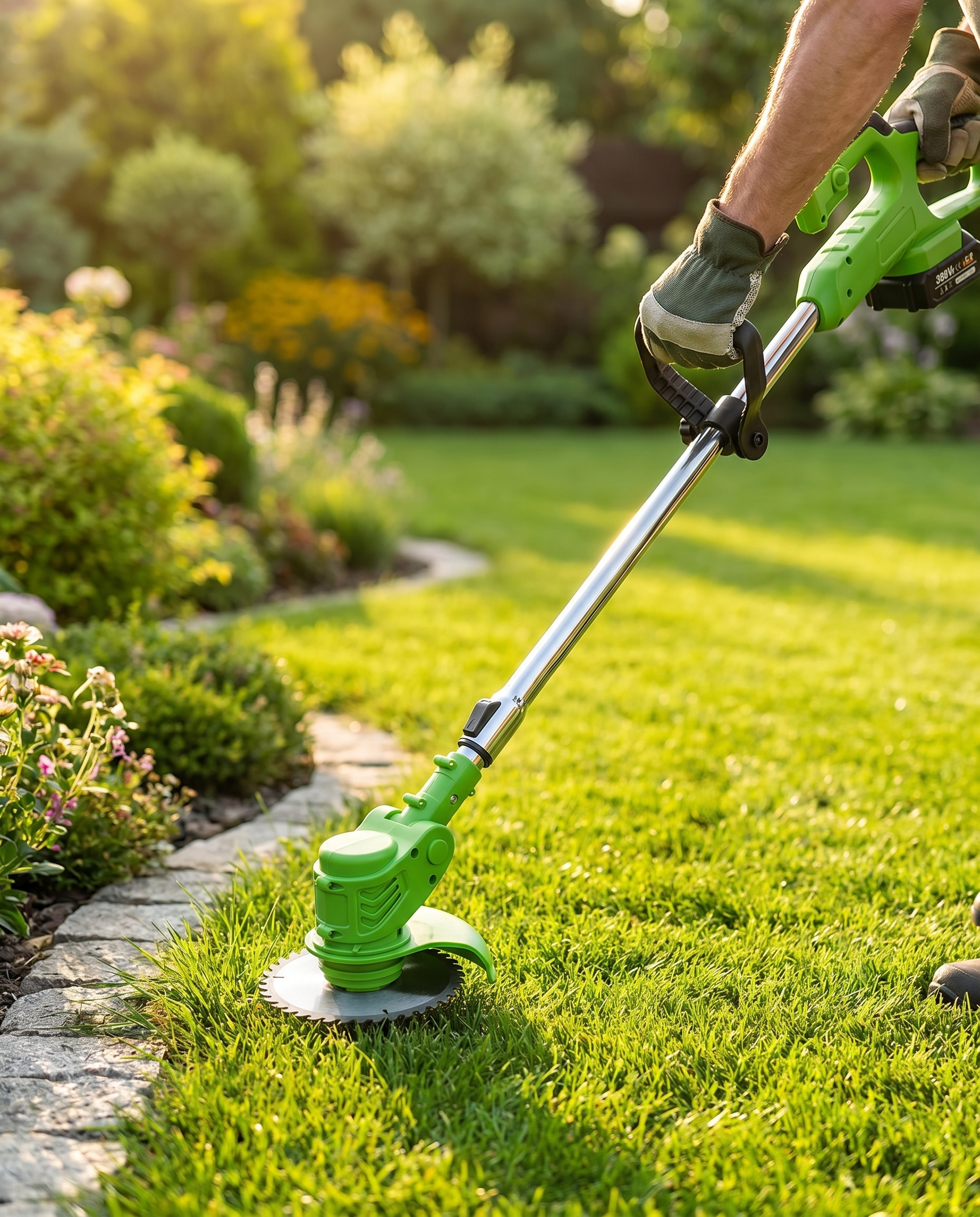 Cordless battery grass trimmer in use, lifestyle